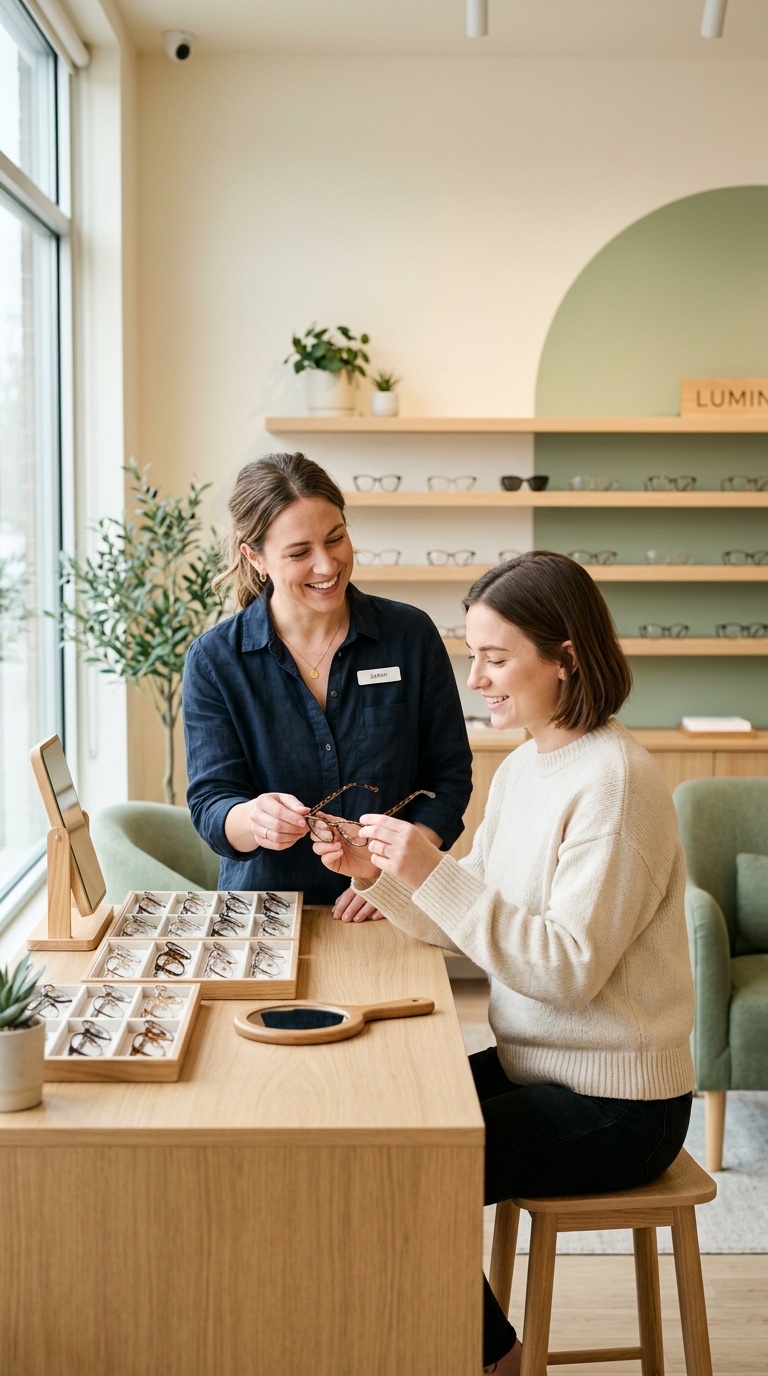 Óptica asesorando a una clienta en el local